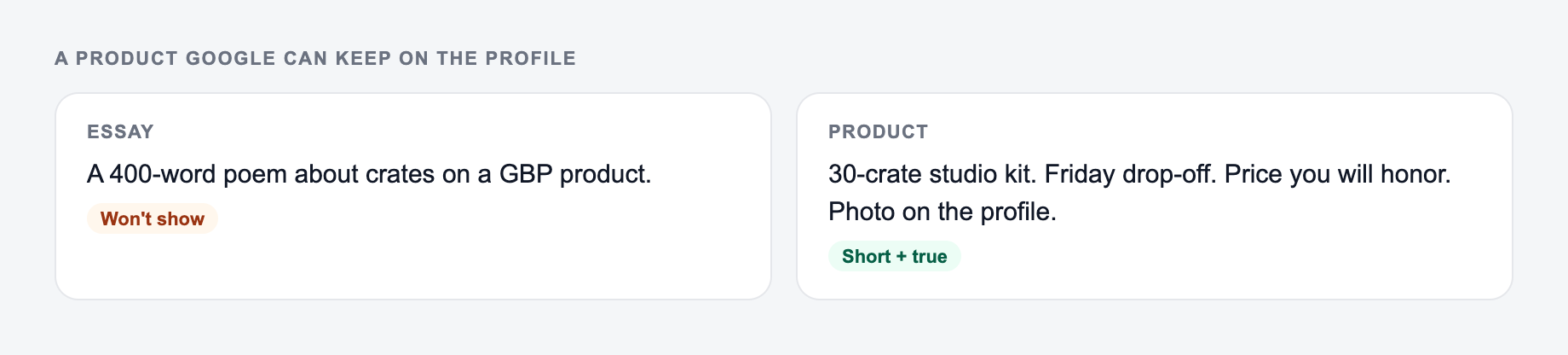 Screenshot from the Google Business Profile Product Description Generator showing a Google Business Profile product blurb short enough to keep, versus a 400-word poem