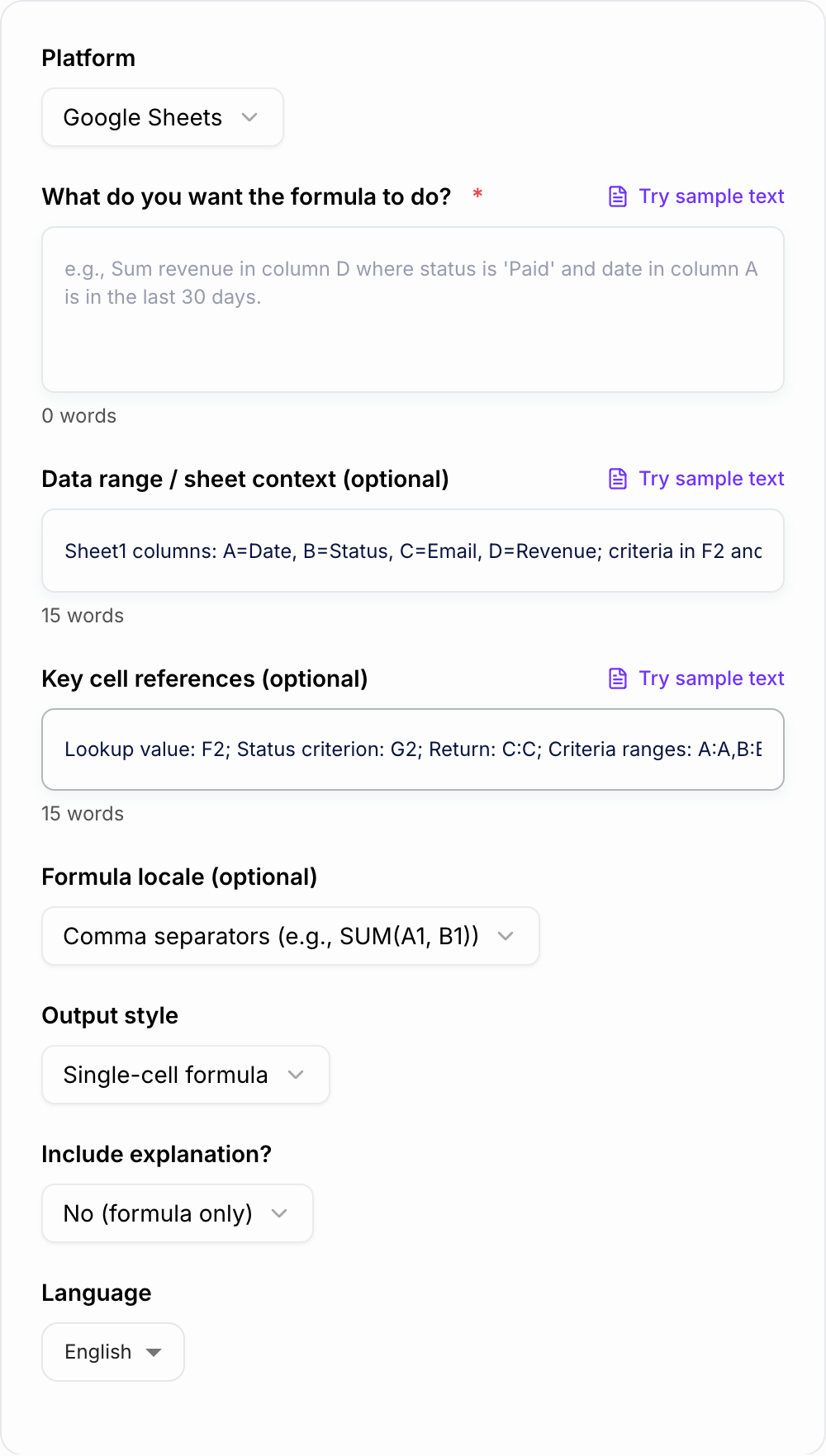 Screenshot of the AI Formula Generator for Sheets & Excel form