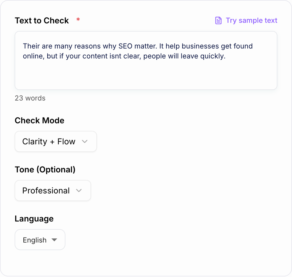 Screenshot of the AI Grammar Checker form