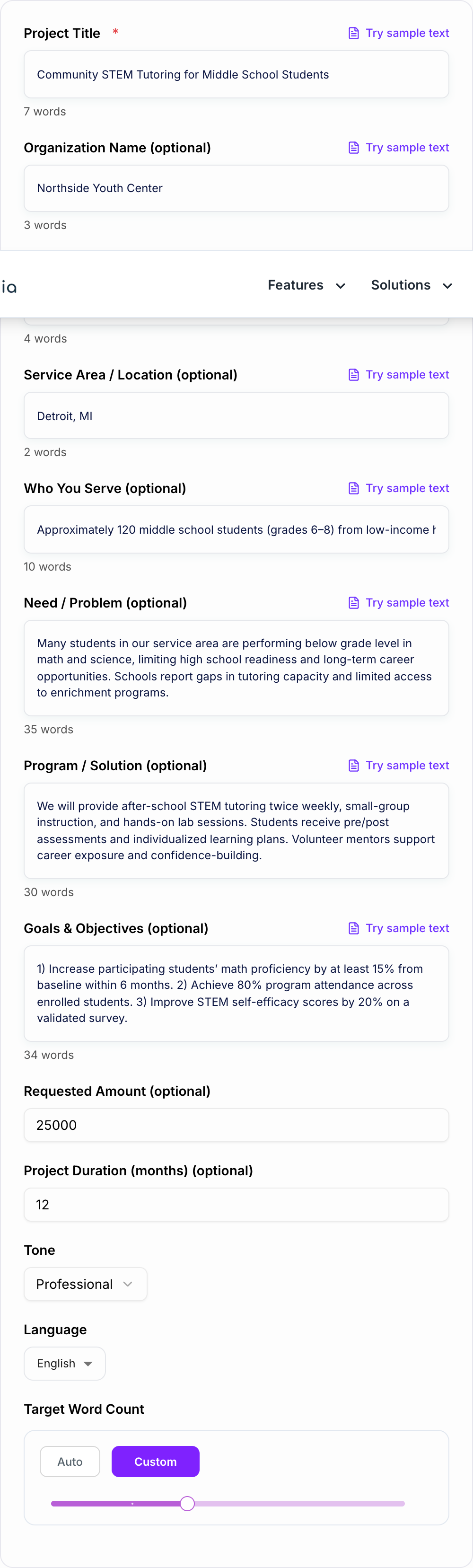 Screenshot of the AI Grant Proposal Generator workspace
