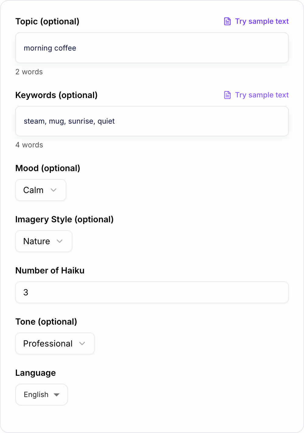 Screenshot of the AI Haiku Generator form with image, season, and style filled in