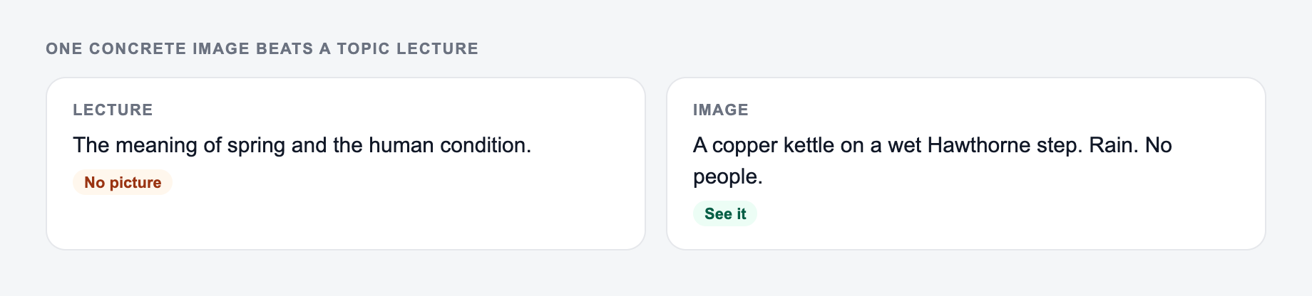 Screenshot from the AI Haiku Generator showing a haiku built from one image, versus a proverb in 5-7-5