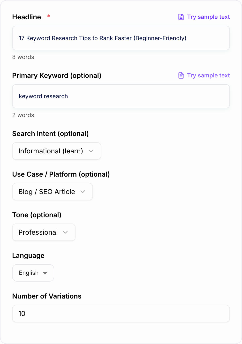Screenshot of the AI Headline Analyzer form with a candidate title and channel filled in