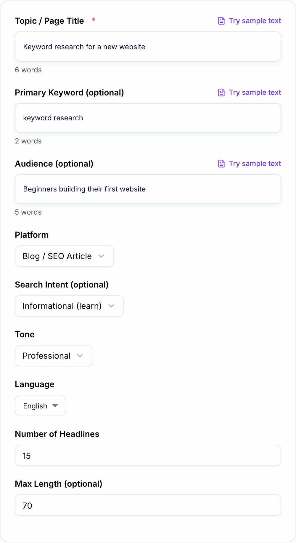 Screenshot of the AI Headline Generator form with topic, keyword, audience, platform, and length fields completed