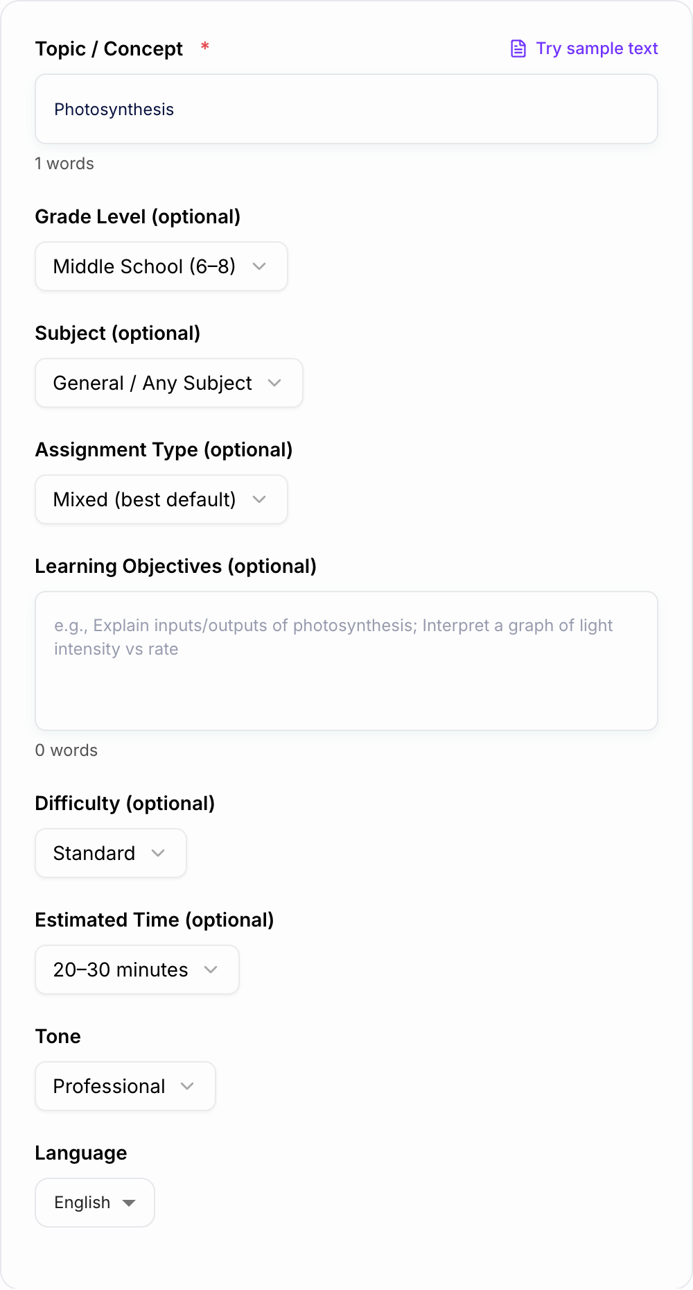 Screenshot of the AI Homework Assignment Generator workspace