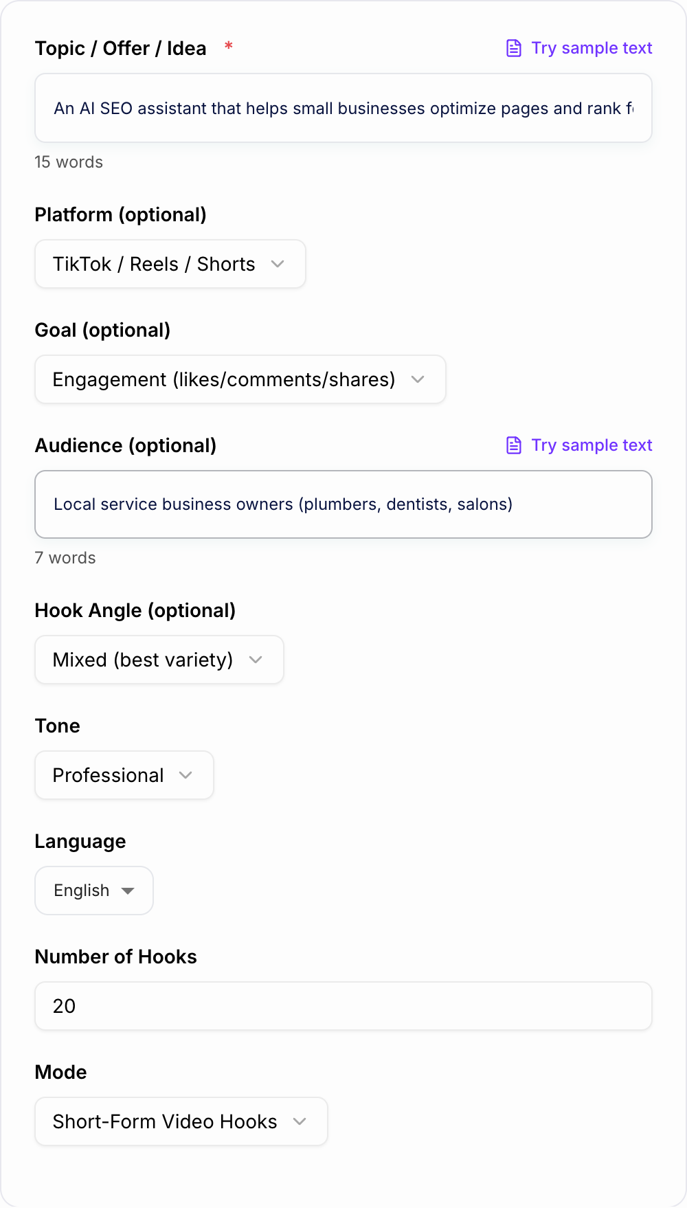 Screenshot of the AI Hook Generator form with topic, audience, platform, and tone fields completed