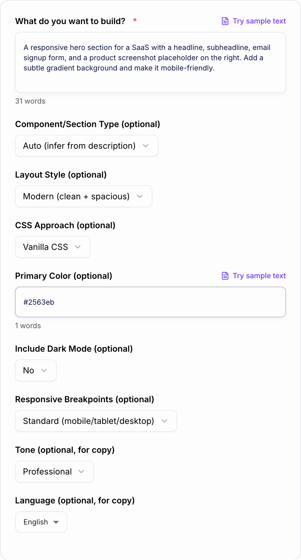 Screenshot of the AI HTML and CSS Code Generator form with layout, breakpoint, and component request filled in