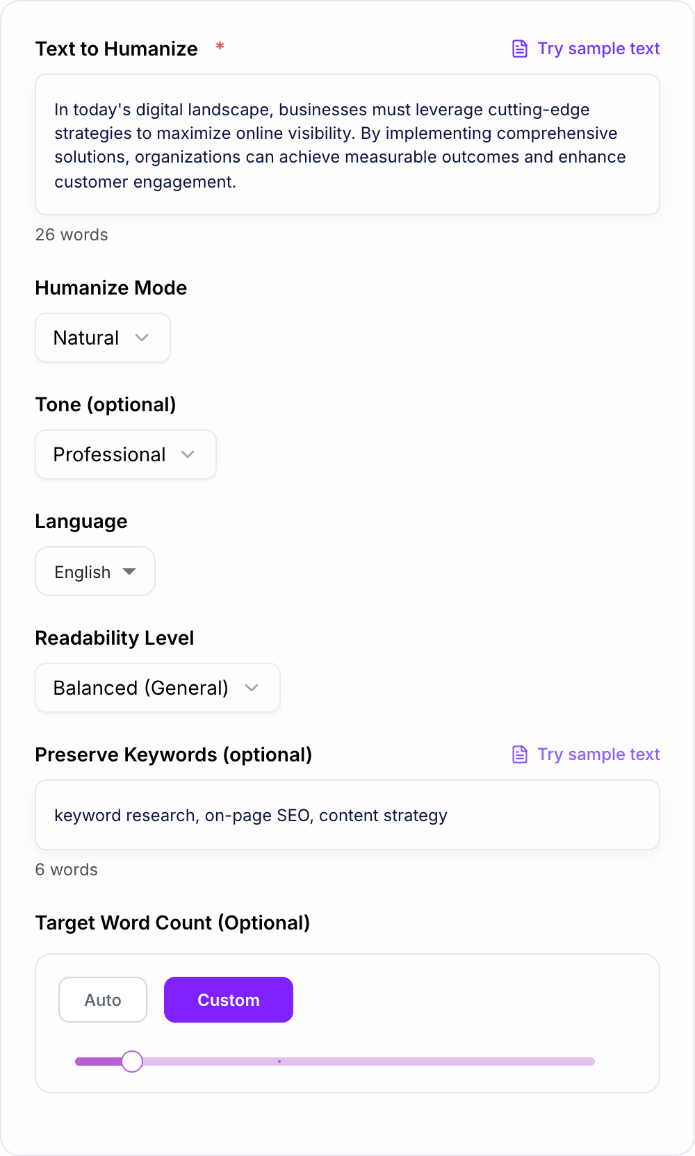 Screenshot of the AI Text Humanizer generator form with robotic sample copy, a humanize mode, and protected keywords filled in