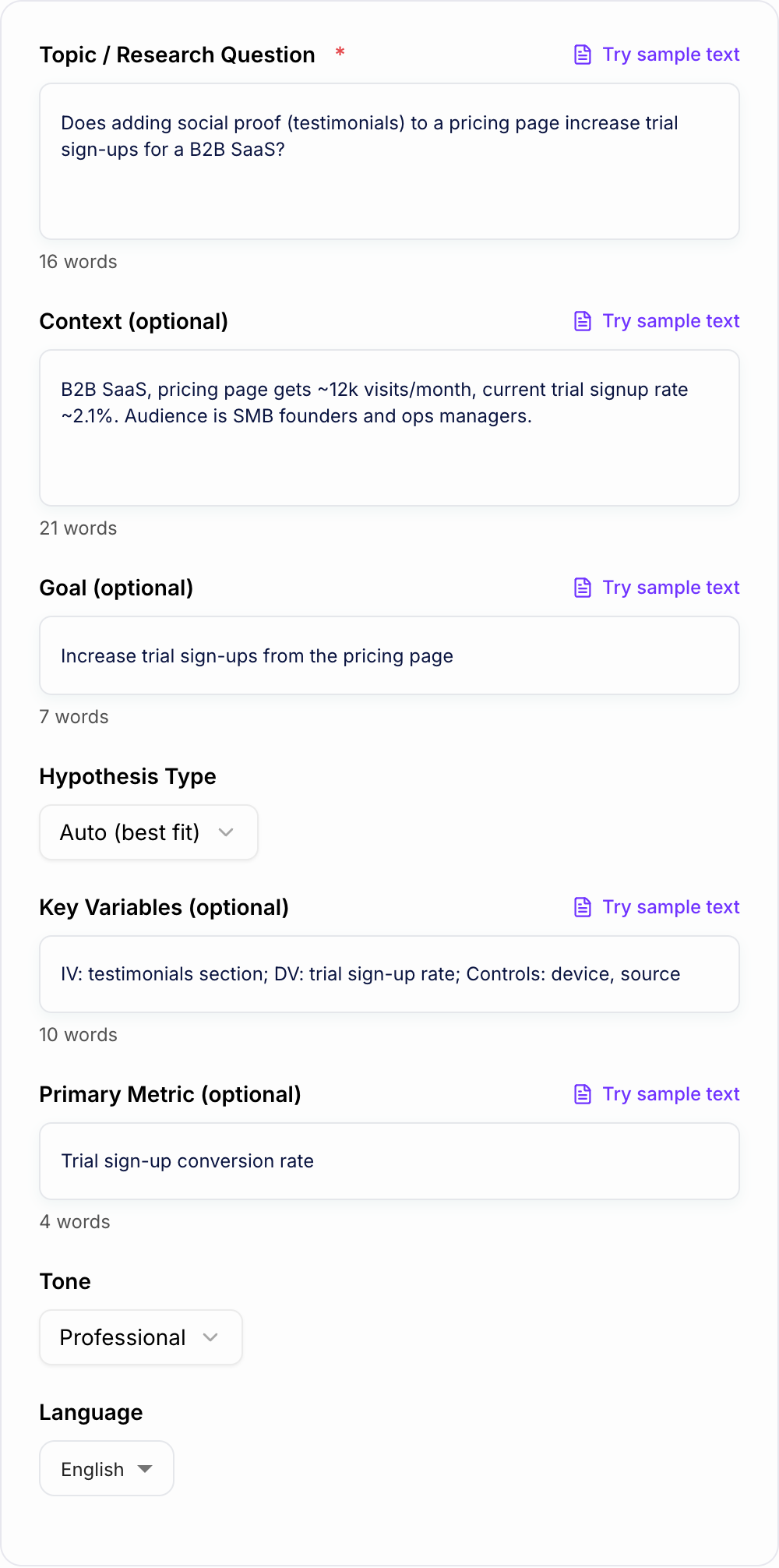 Screenshot of the AI Hypothesis Generator workspace