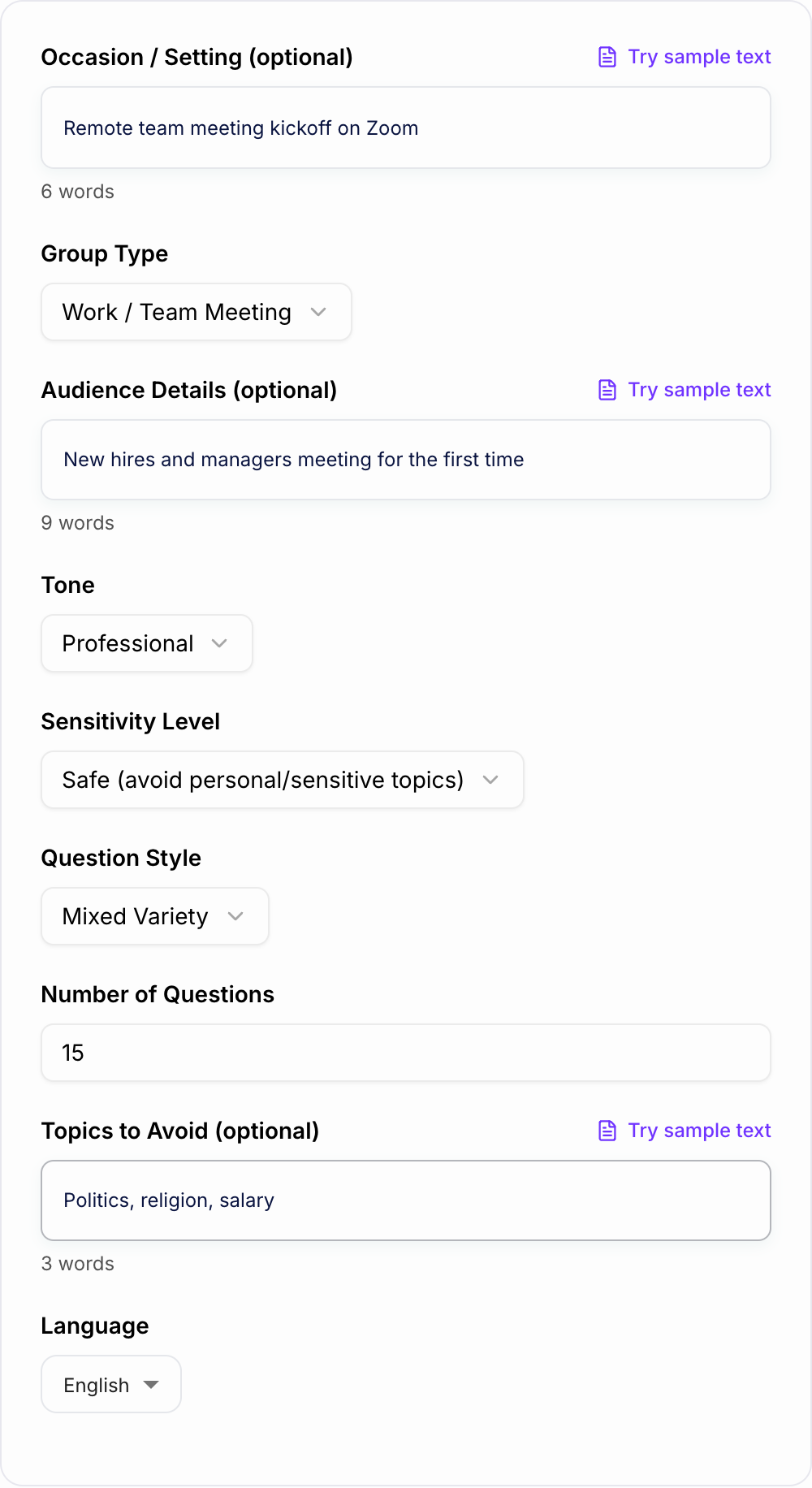 Screenshot of the AI Icebreaker Questions Generator form with group type, setting, and sensitivity filled in