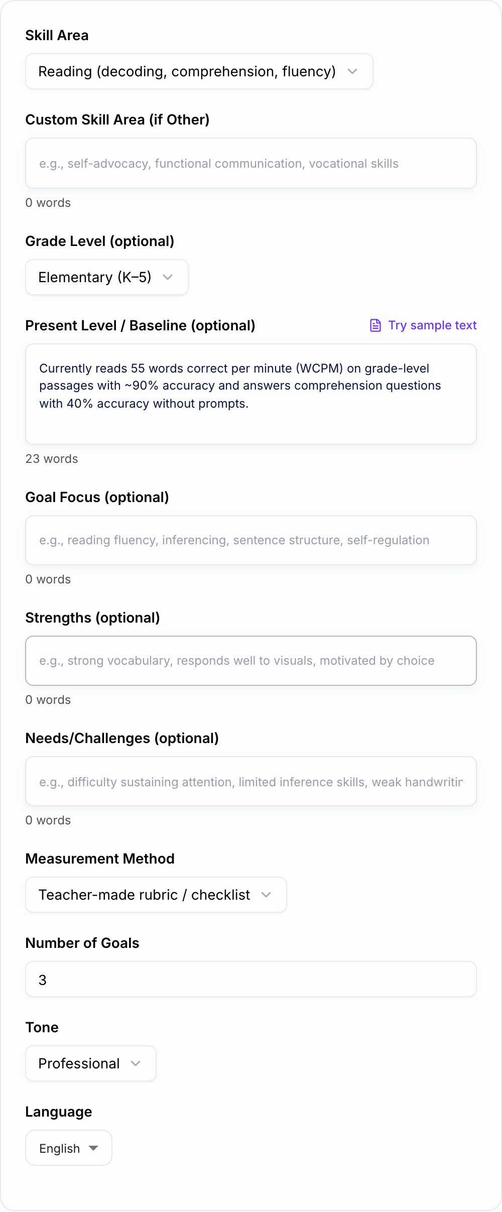 Screenshot of the AI IEP Goals Generator workspace