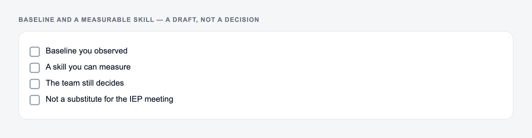 Screenshot from the AI IEP Goals Generator showing an IEP goal with a condition, behavior, and criterion — not a vibe