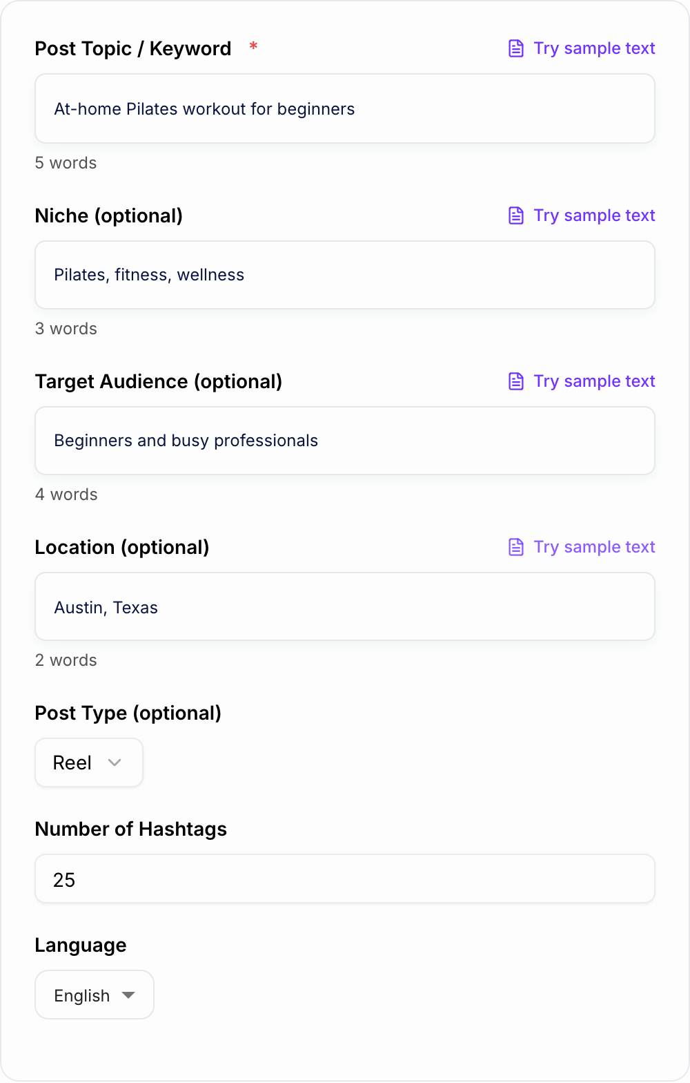 Screenshot of the AI Instagram Hashtag Generator form with topic, audience, and post type filled in