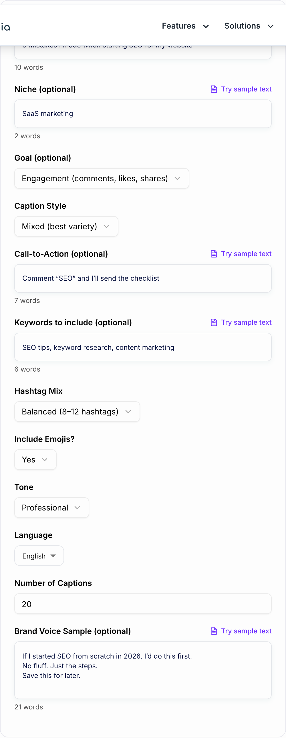 Screenshot of the AI Instagram Reel Captions Generator form with reel topic, hook, and CTA filled in