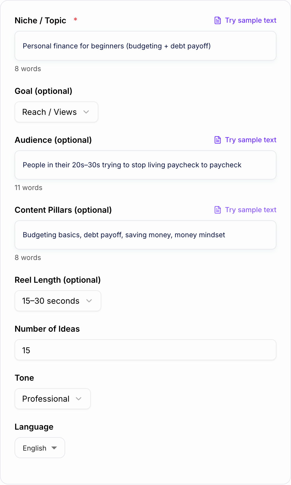 Screenshot of the AI Instagram Reel Ideas Generator workspace
