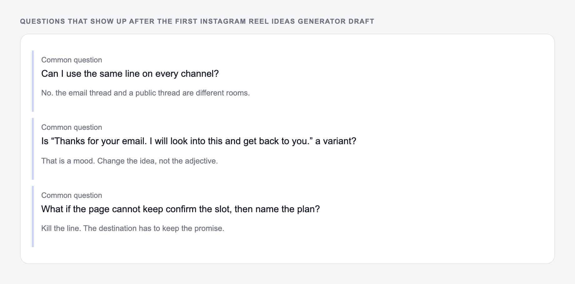 Screenshot of three common questions people ask after generating with the Instagram Reel Ideas Generator, including what to lock (Tuesday 10:00 and the fee) and when to stop