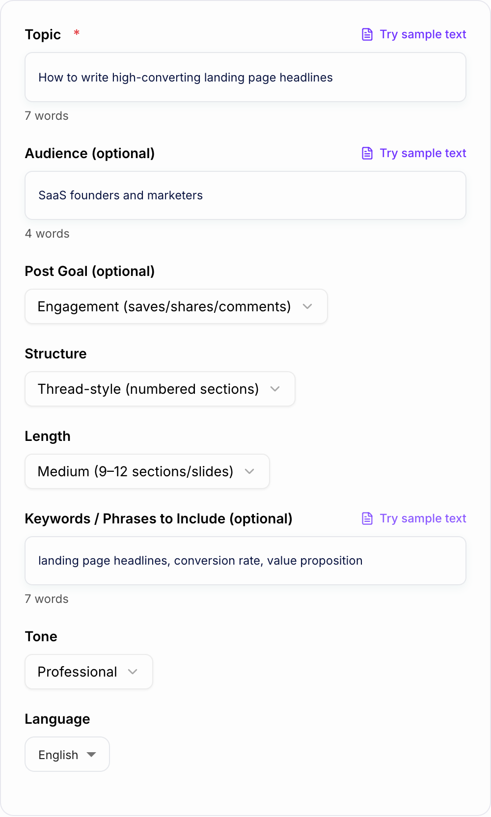 Screenshot of the AI Instagram Threads Post Generator form with topic, hook, and section count filled in