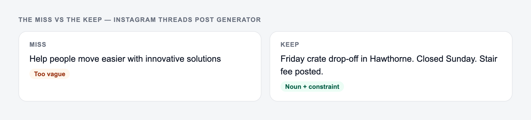 Screenshot comparing a weak Instagram Threads Post Generator brief (“Help people move easier with innovative solutions”) with a stronger one that names reusable moving crates and Friday drop-off, closed Sunday