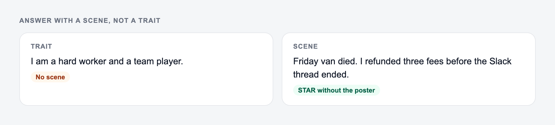 Screenshot from the AI Interview Answers Generator showing an interview answer with a scene and a number, versus a canned strength