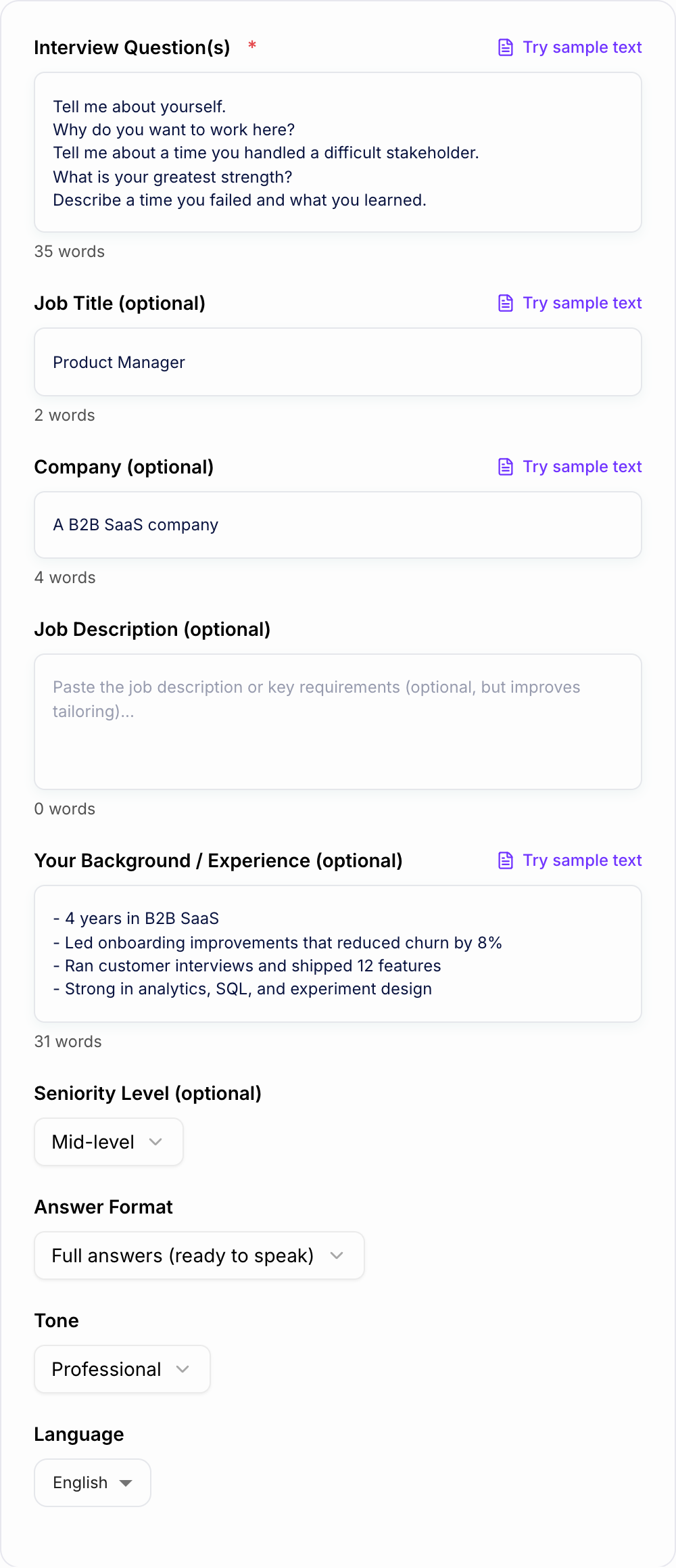 Screenshot of the AI Interview Answers Generator form with the question, role, and a real example filled in