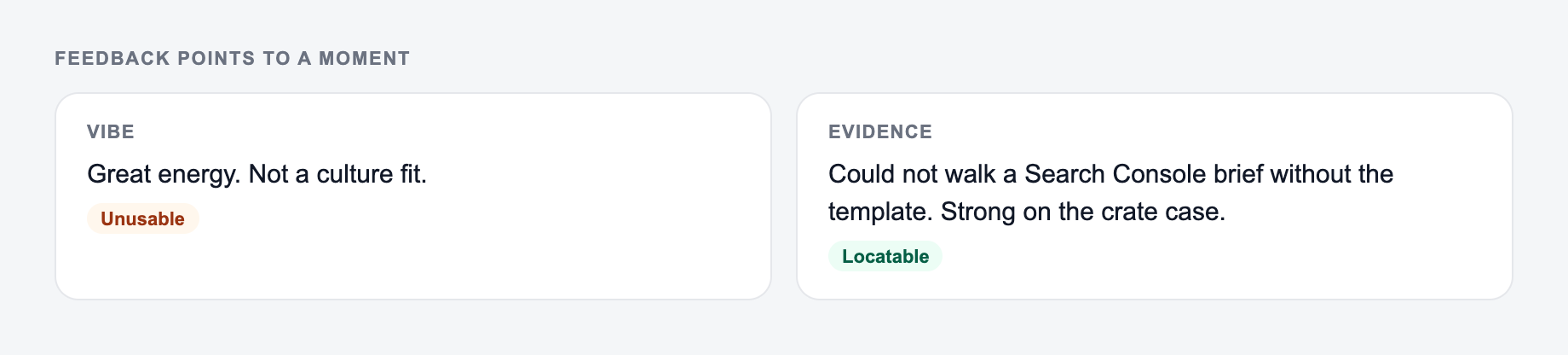 Screenshot from the AI Interview Feedback Generator showing interview feedback tied to something observed, versus a vibe