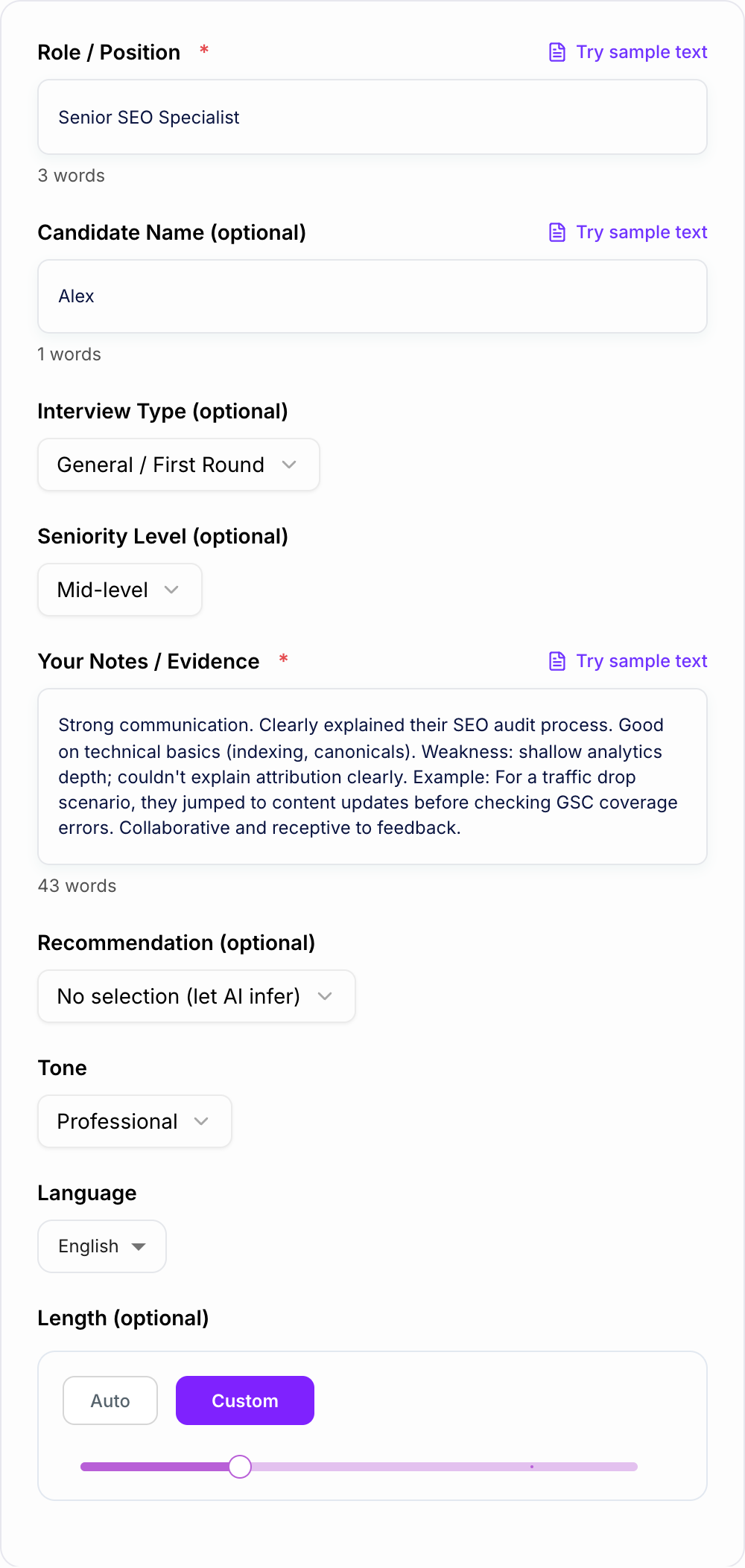 Screenshot of the AI Interview Feedback Generator form with role, notes, and feedback format filled in