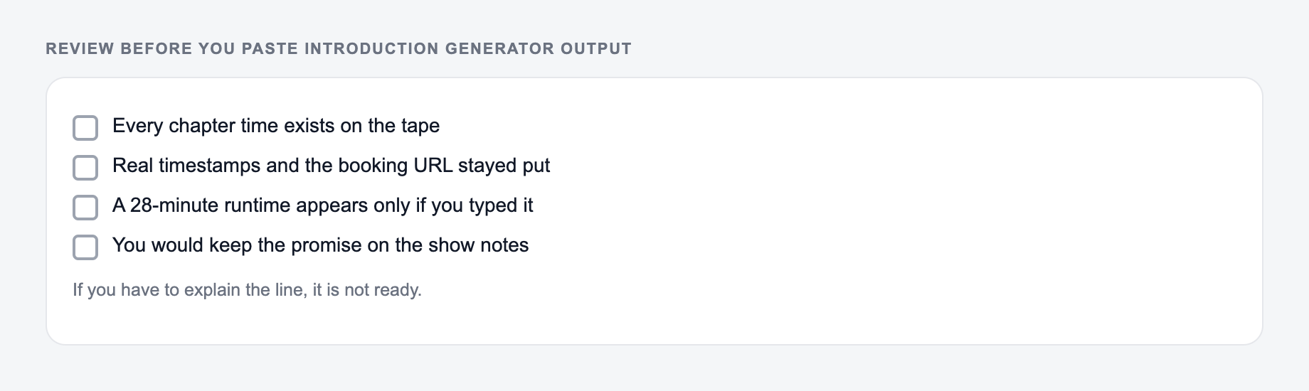 Screenshot of a four-item review checklist for Introduction Generator output, covering what must stay true and what the draft is not allowed to invent