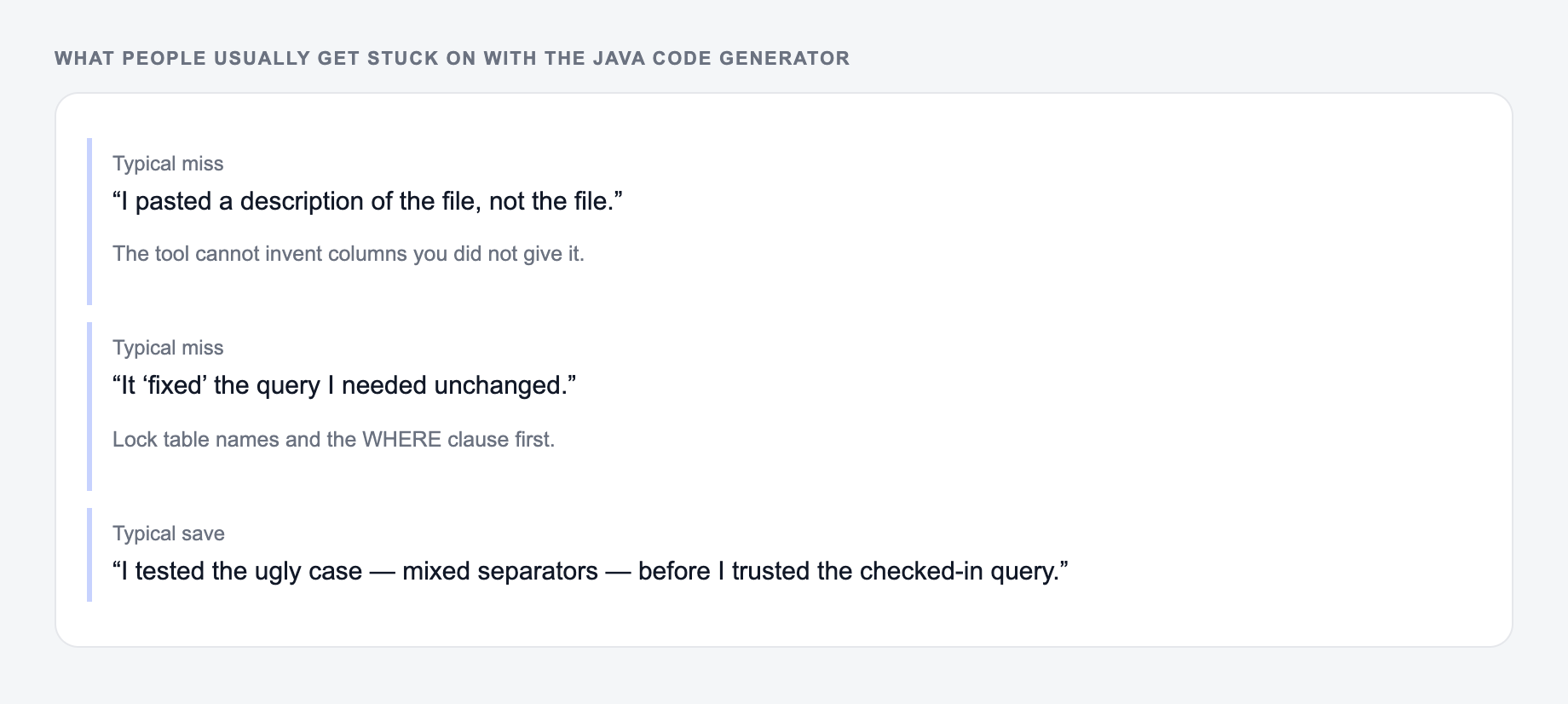 Screenshot of three review notes about the Java Code Generator, including a complaint that the draft invented the real table name and a save that locked table names and the WHERE clause