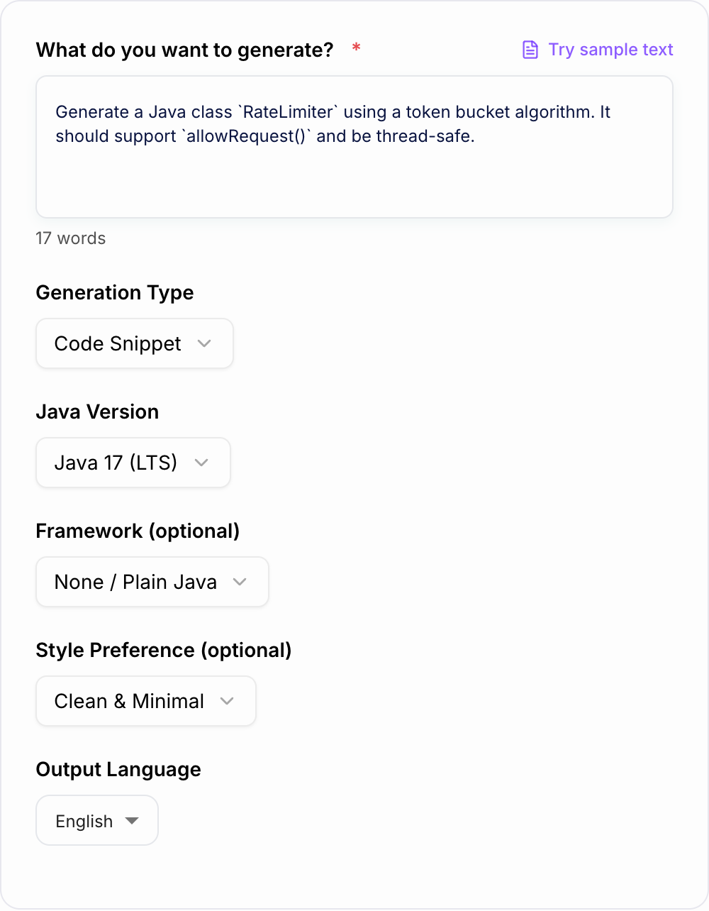 Screenshot of the AI Java Code Generator form