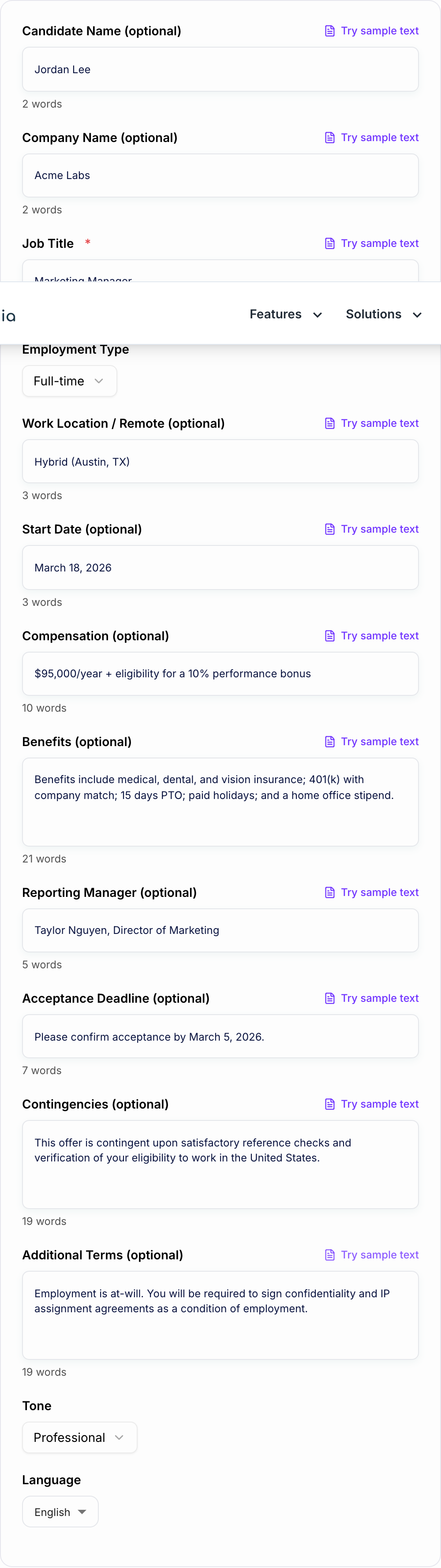 Screenshot of the AI Job Offer Letter Generator workspace