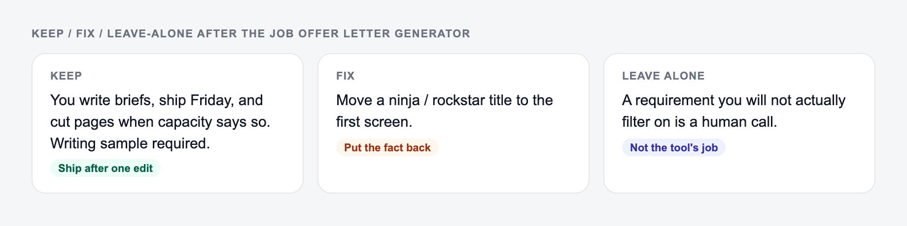 Screenshot of a keep / fix / leave-alone guide for the Job Offer Letter Generator: keep the line that names the writing sample, put a ninja / rockstar title back, and do not outsource the live job post