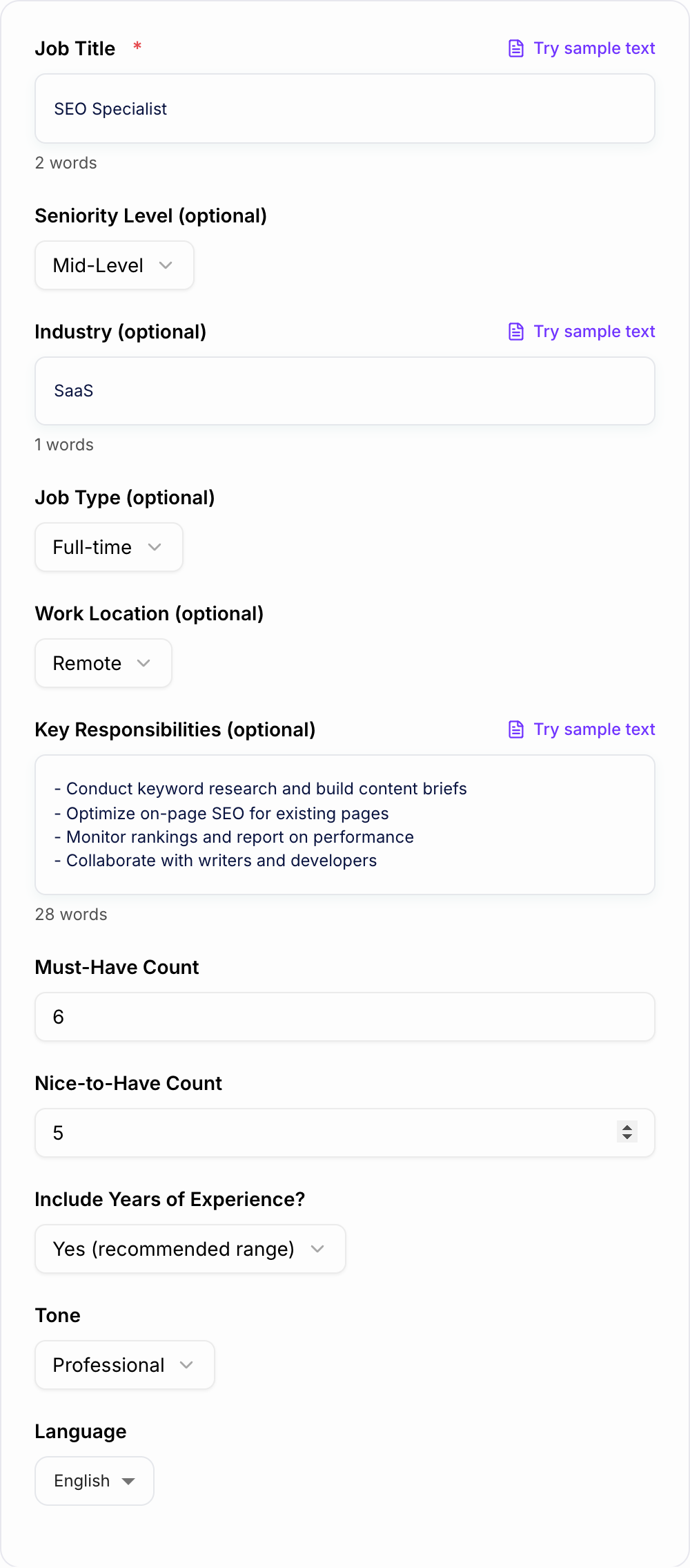 Screenshot of the AI Job Qualifications Generator form with role, must-haves, and nice-to-haves filled in