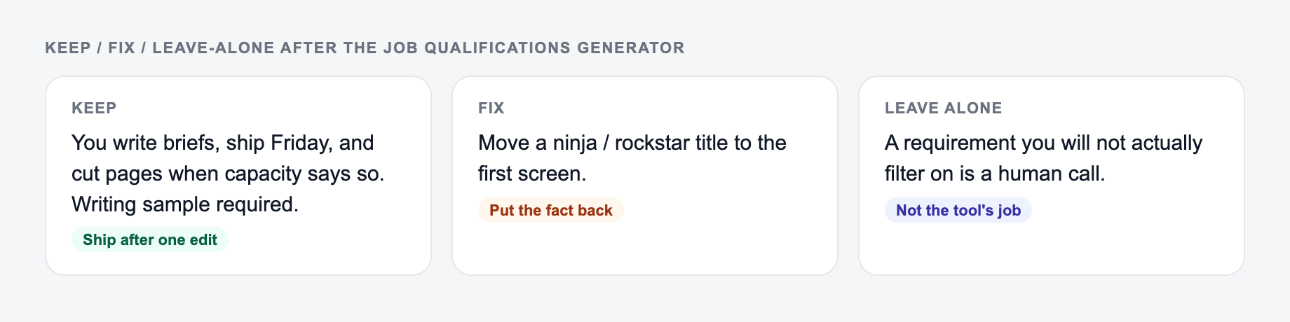 Screenshot of a keep / fix / leave-alone guide for the Job Qualifications Generator: keep the line that names the writing sample, put a ninja / rockstar title back, and do not outsource the live job post