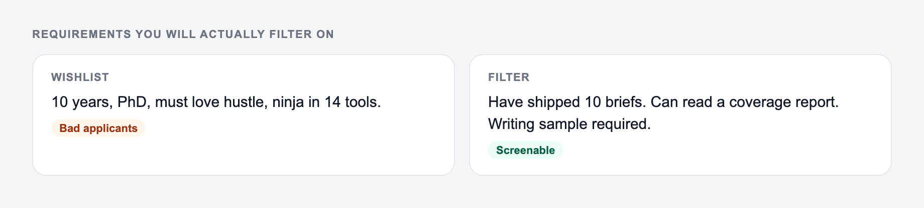 Screenshot from the AI Job Qualifications Generator showing qualifications you will actually filter on, versus a ninja wishlist