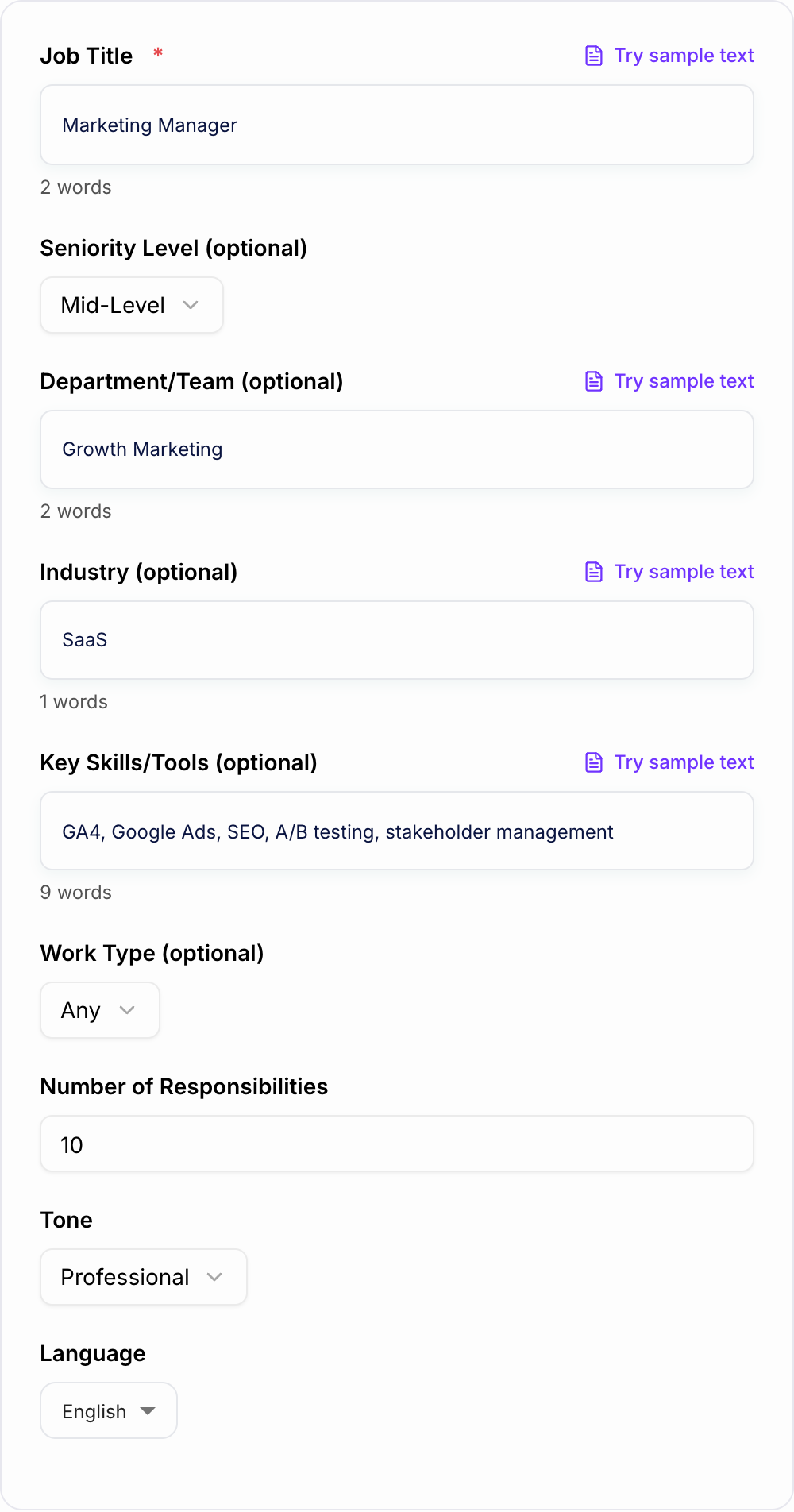 Screenshot of the AI Job Responsibilities Generator form with role, team, and scope filled in