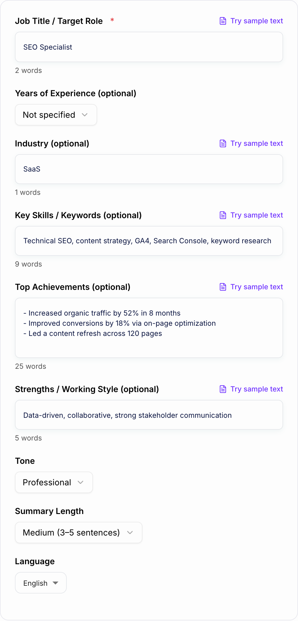 Screenshot of the AI Job Summary Generator workspace