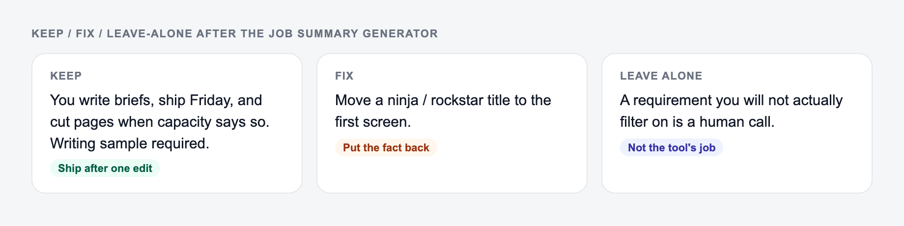 Screenshot of a keep / fix / leave-alone guide for the Job Summary Generator: keep the line that names the writing sample, put a ninja / rockstar title back, and do not outsource the live job post