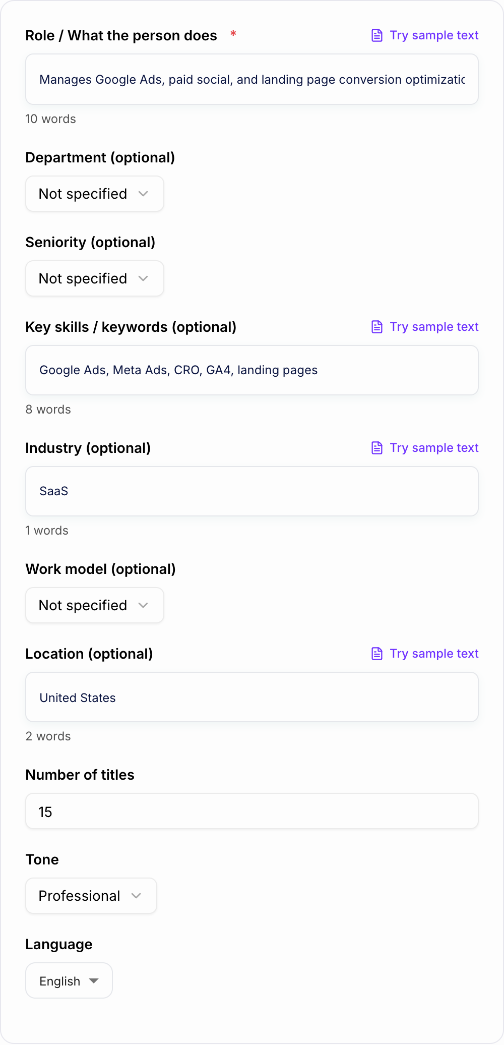 Screenshot of the AI Job Title Generator workspace