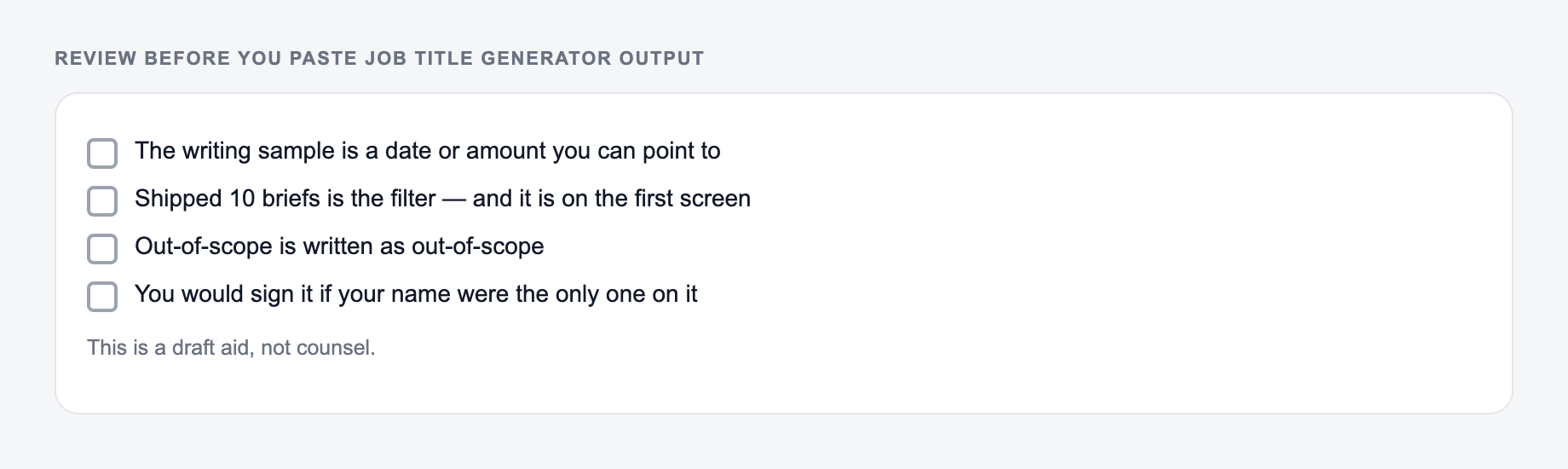 Screenshot of a four-item review checklist for Job Title Generator output, covering what must stay true and what the draft is not allowed to invent