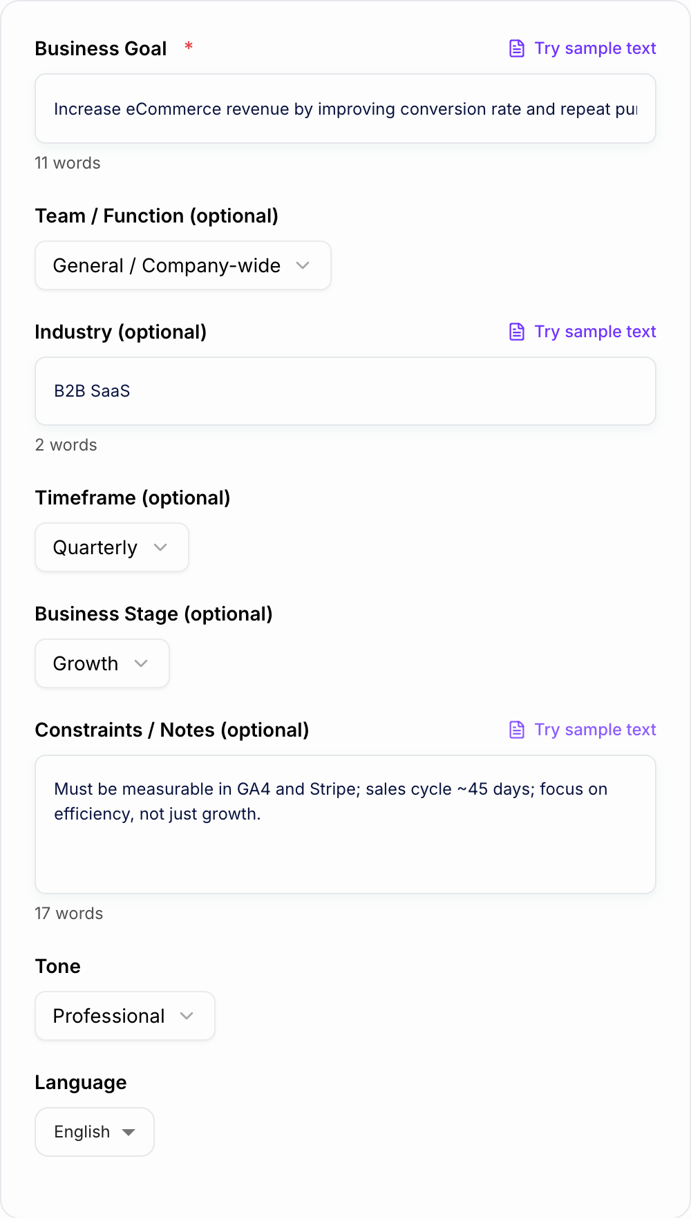 Screenshot of the AI KPI Generator form with goal, team, and data source filled in
