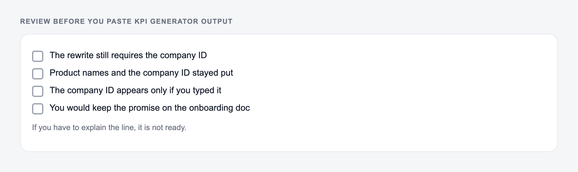 Screenshot of a four-item review checklist for KPI Generator output, covering what must stay true and what the draft is not allowed to invent