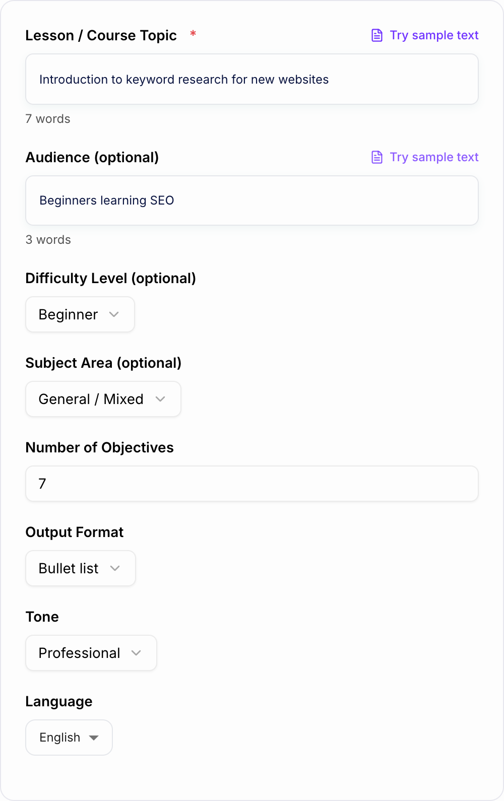 Screenshot of the AI Learning Objectives Generator form with topic, audience, and Bloom level filled in