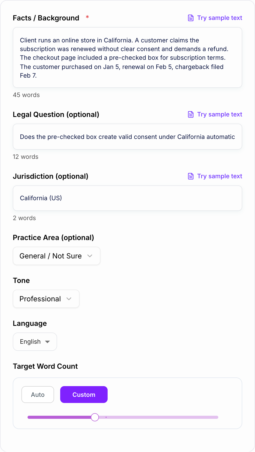 Screenshot of the AI Legal Memo Generator form