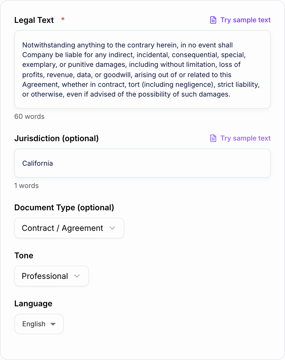 Screenshot of the AI Legalese Translator form with a dense clause and a plain-English mode filled in