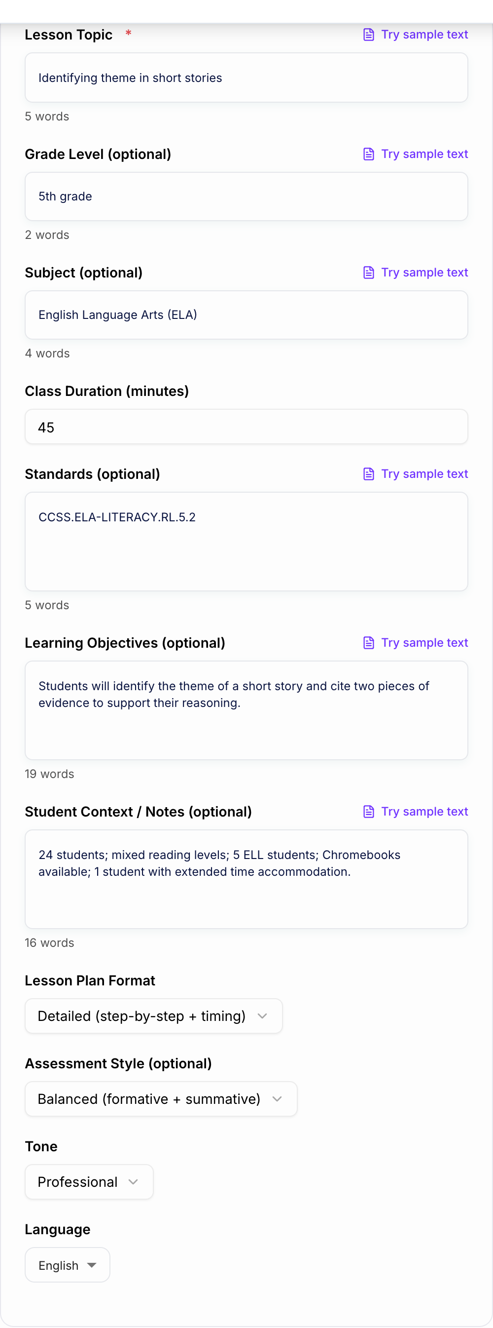 Screenshot of the AI Lesson Plan Generator form with topic, grade, and timebox filled in