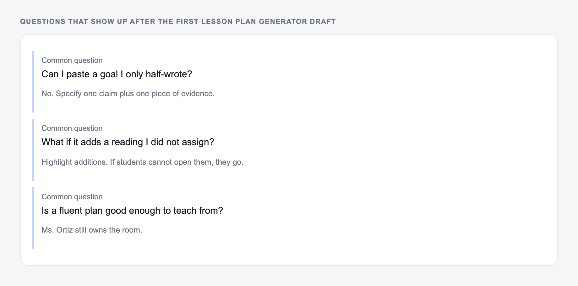 Screenshot of three common questions people ask after generating with the Lesson Plan Generator, including what to lock (the Friday reading and the 12-minute window) and when to stop