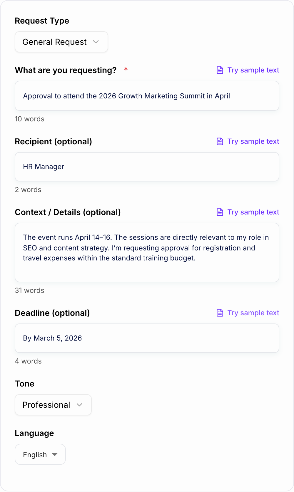 Screenshot of the AI Letter of Request Generator workspace