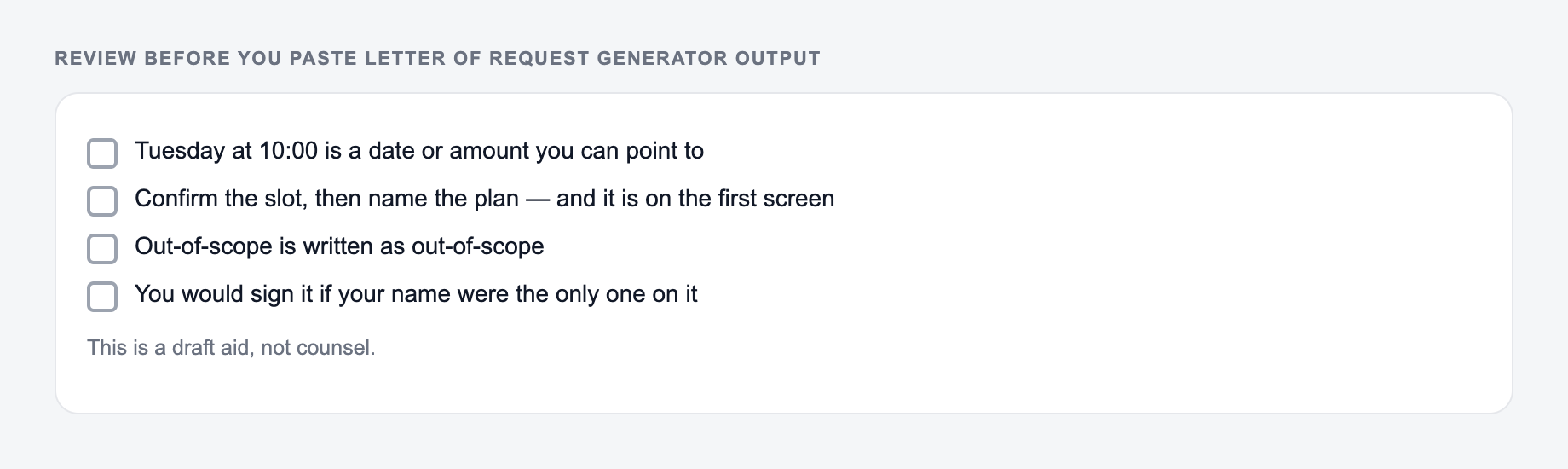 Screenshot of a four-item review checklist for Letter of Request Generator output, covering what must stay true and what the draft is not allowed to invent