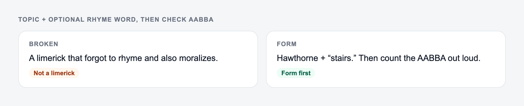 Screenshot from the AI Limerick Generator showing a limerick that keeps the AABBA sound, versus a joke that lost the meter