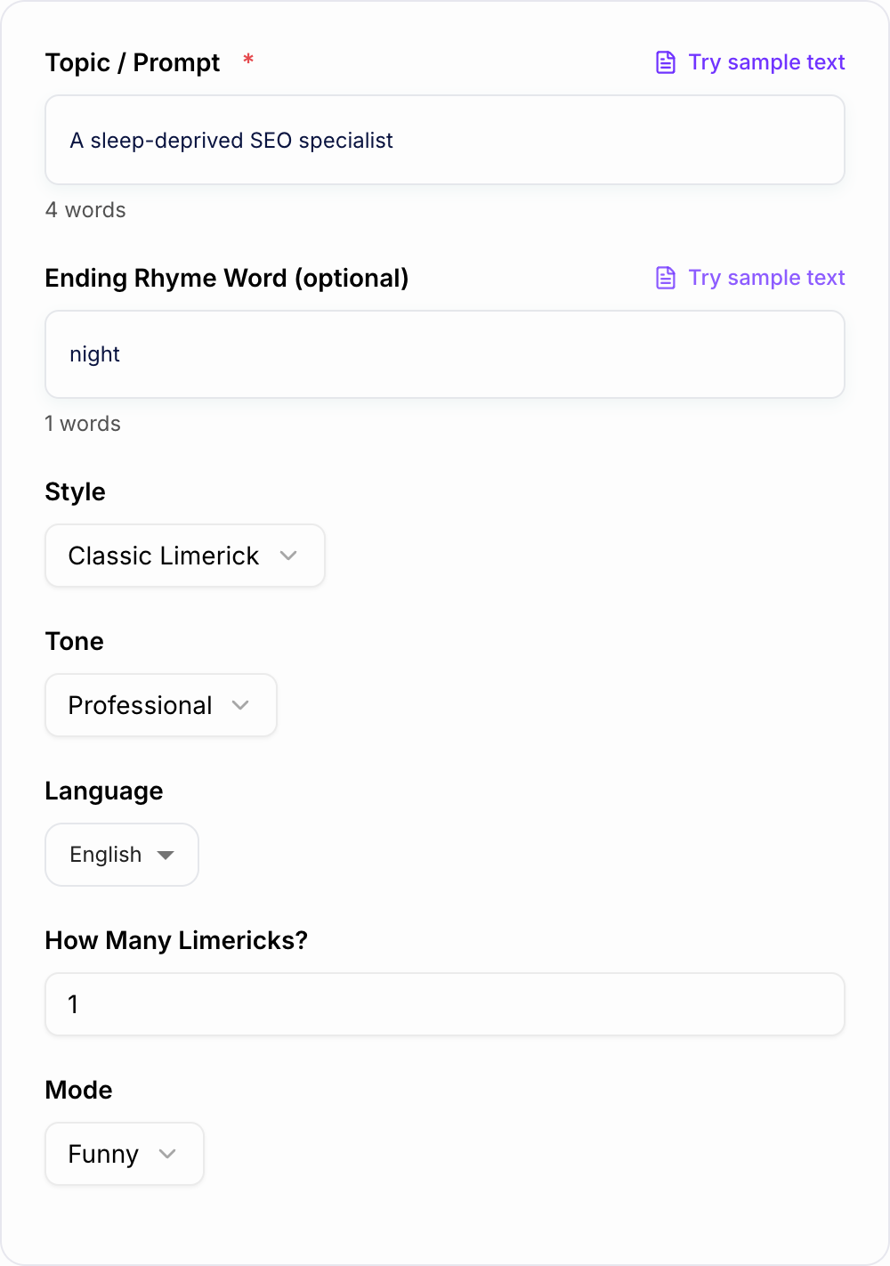 Screenshot of the AI Limerick Generator form